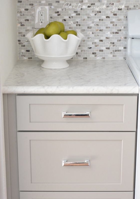 gray cabinet drawers polished chrome pulls